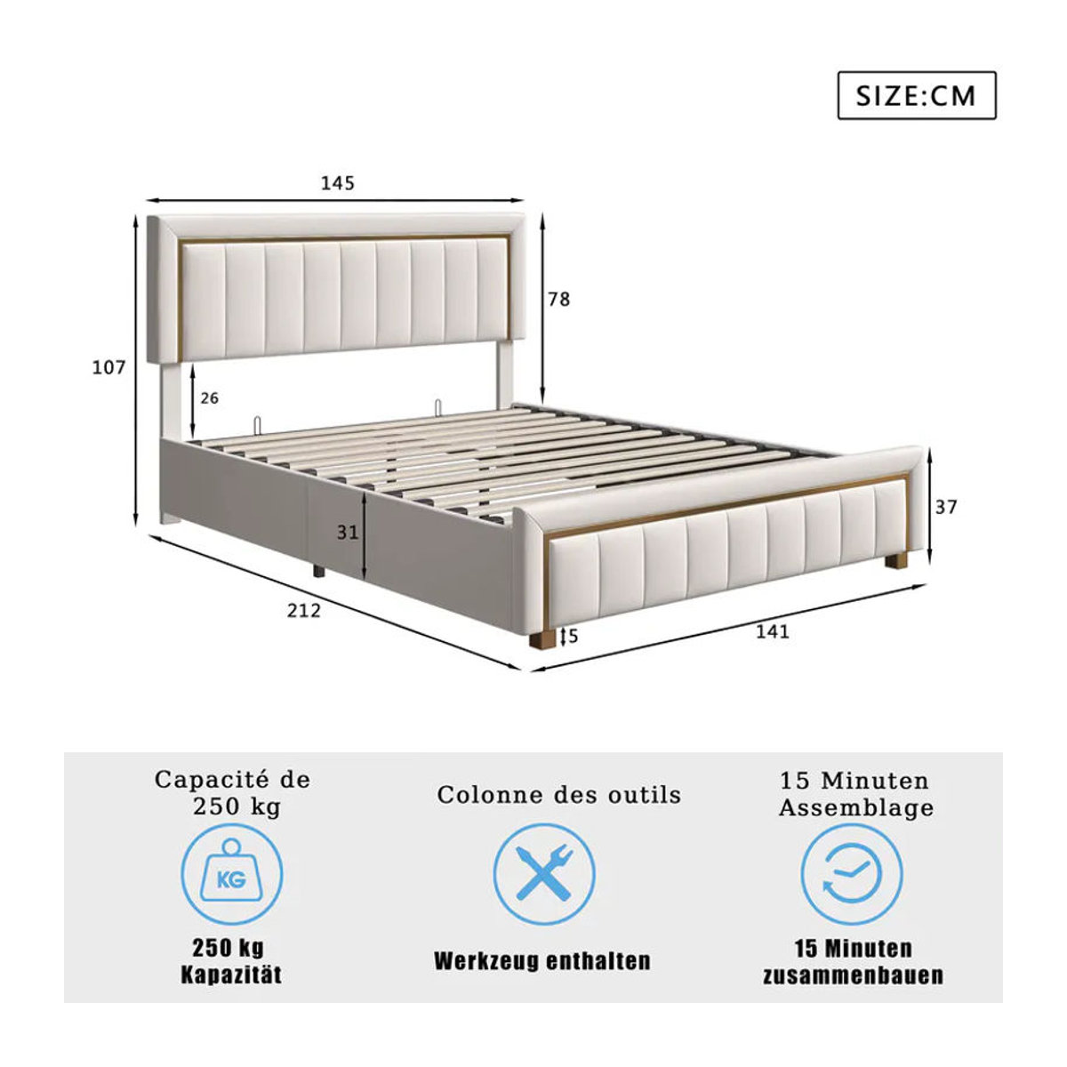 Comanlai Polsterbett aus Samt mit hydraulischem Stauraum und Goldrahmenkanten, Modernes Doppelbett mit Vertikalstreifen, B/T: 140 x 200 cm, Beige oder Schwarz - Bild 6