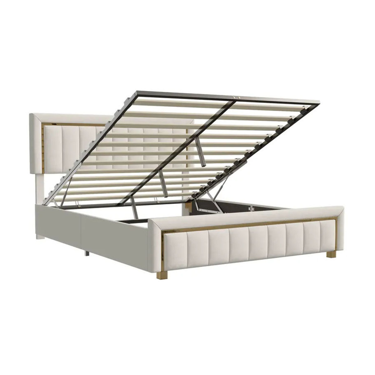 Comanlai Polsterbett aus Samt mit hydraulischem Stauraum und Goldrahmenkanten, Modernes Doppelbett mit Vertikalstreifen, B/T: 140 x 200 cm, Beige oder Schwarz - Bild 7