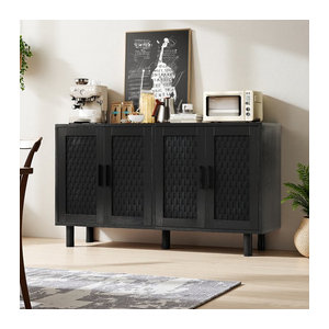Comanlai Rattan-Sideboard in Schwarz mit 4 Türen und Metallgriffen, moderner Buffetschrank für dein Wohnzimmer, B/T/H: 140 x 40 x 80 cm
