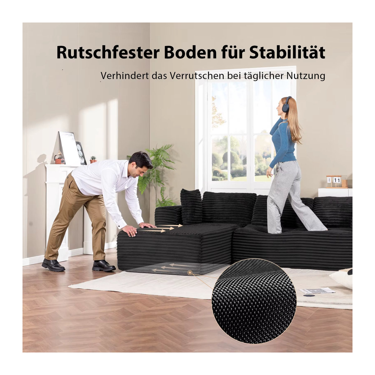 COMHOMA Modulares L-förmiges Sofa aus Cordstoff mit Chaiselongue für dein Wohnzimmer in Grau oder Schwarz - Bild 2