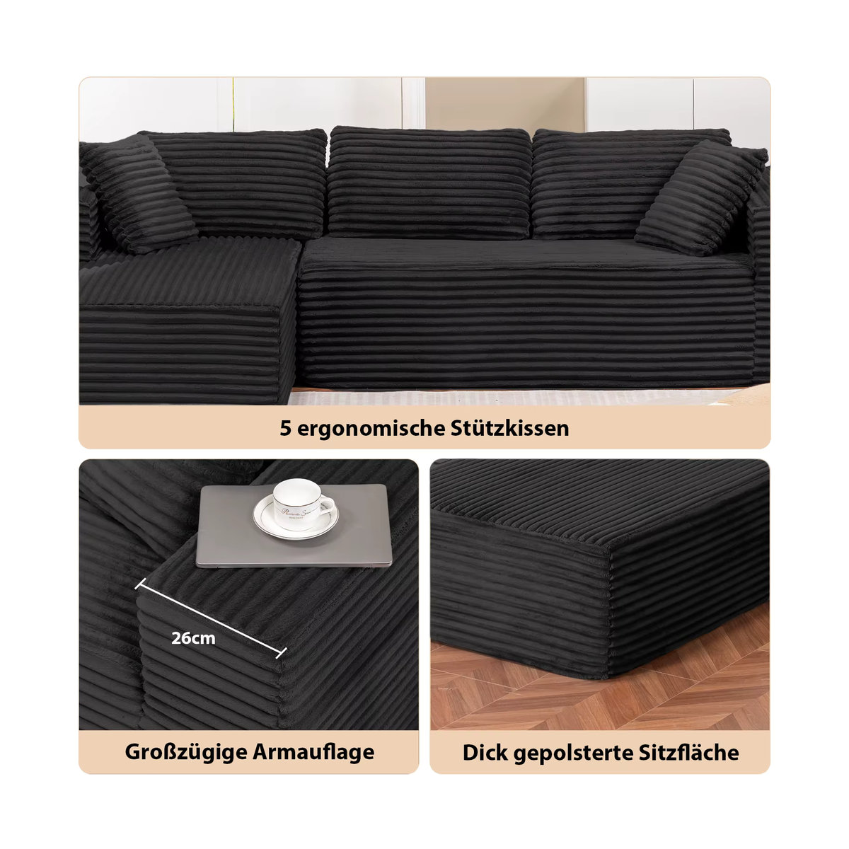 COMHOMA Modulares L-förmiges Sofa aus Cordstoff mit Chaiselongue für dein Wohnzimmer in Grau oder Schwarz - Bild 3