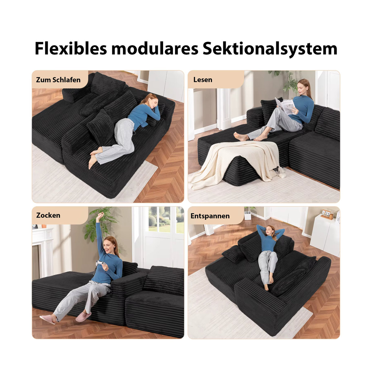 COMHOMA Modulares L-förmiges Sofa aus Cordstoff mit Chaiselongue für dein Wohnzimmer in Grau oder Schwarz - Bild 4