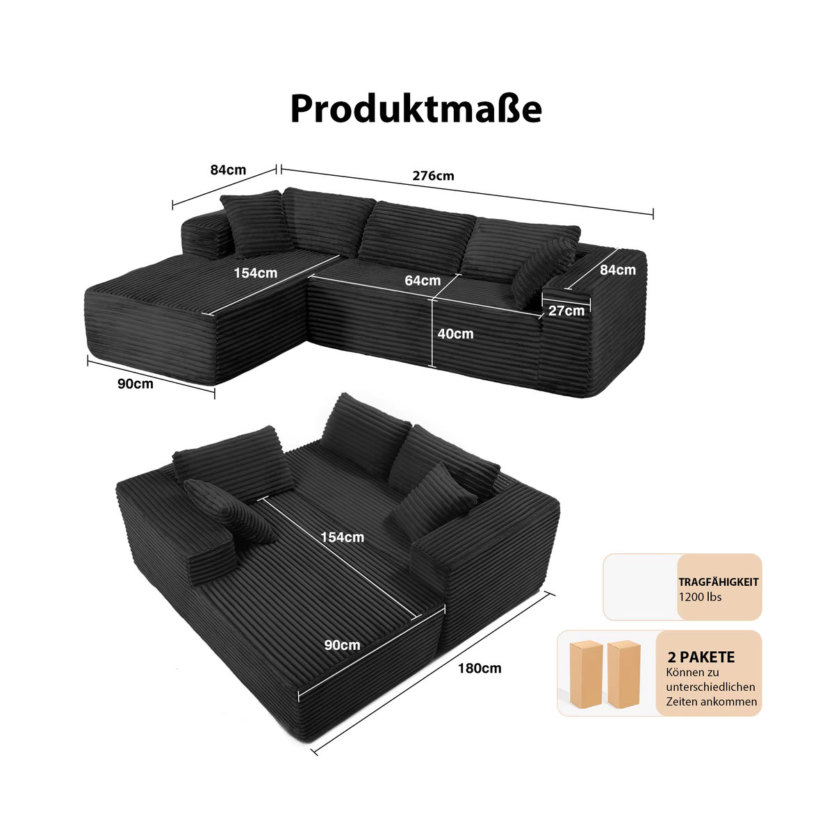 COMHOMA Modulares L-förmiges Sofa aus Cordstoff mit Chaiselongue für dein Wohnzimmer in Grau oder Schwarz - Bild 6