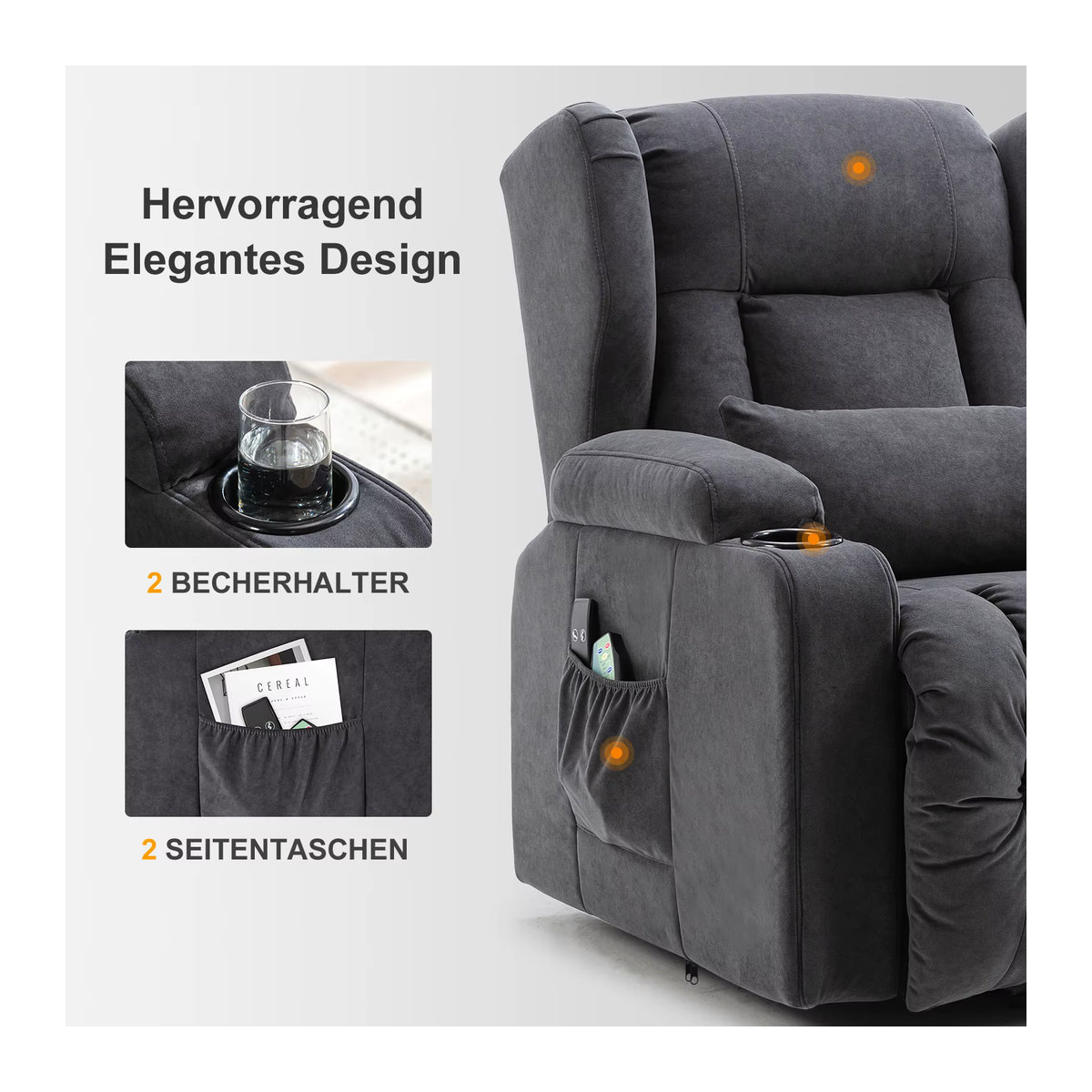 COMHOMA Relaxsessel mit Aufstehhilfe und Massagefunktion in Grau aus Stoff - Bild 5