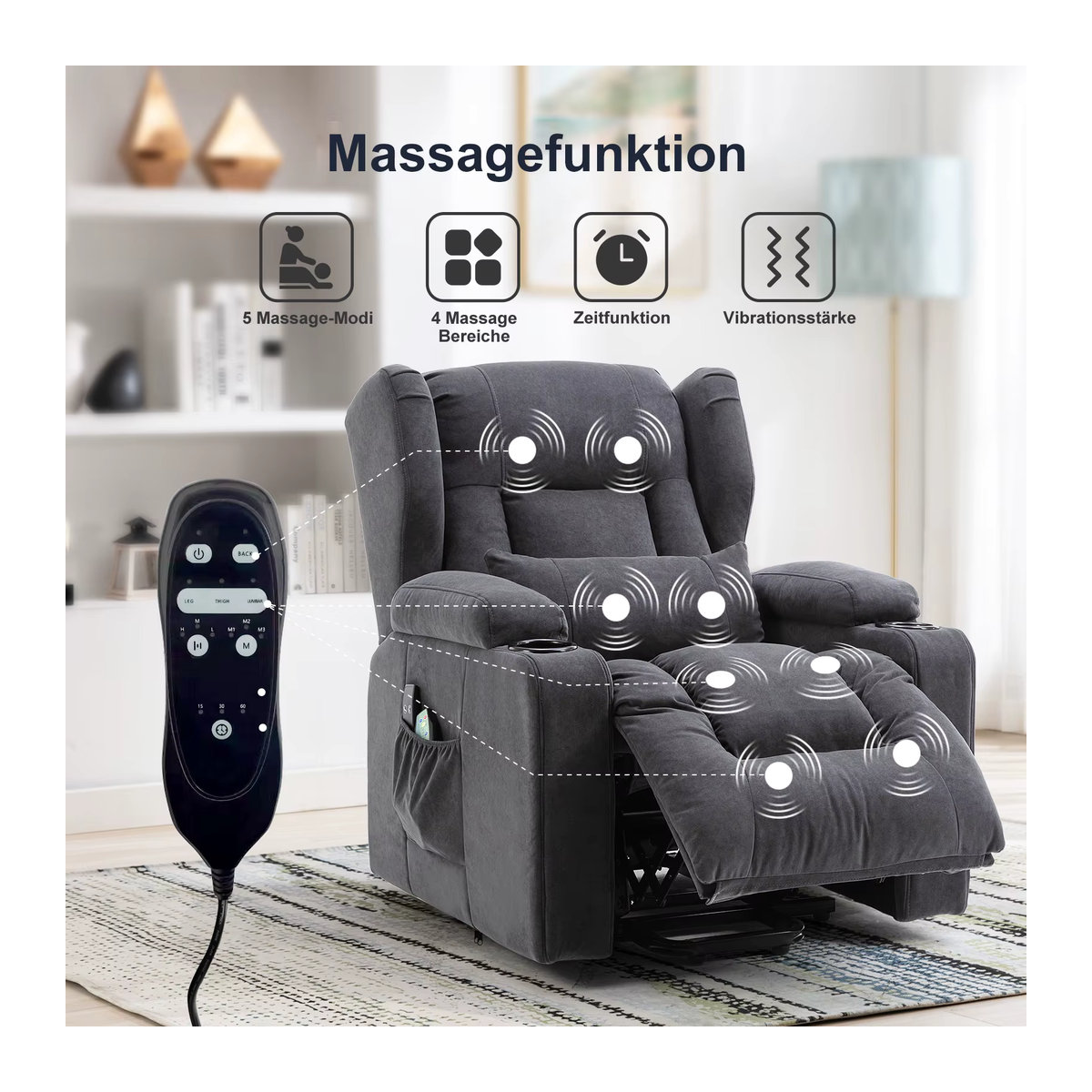 COMHOMA Relaxsessel mit Aufstehhilfe und Massagefunktion in Grau aus Stoff - Bild 6