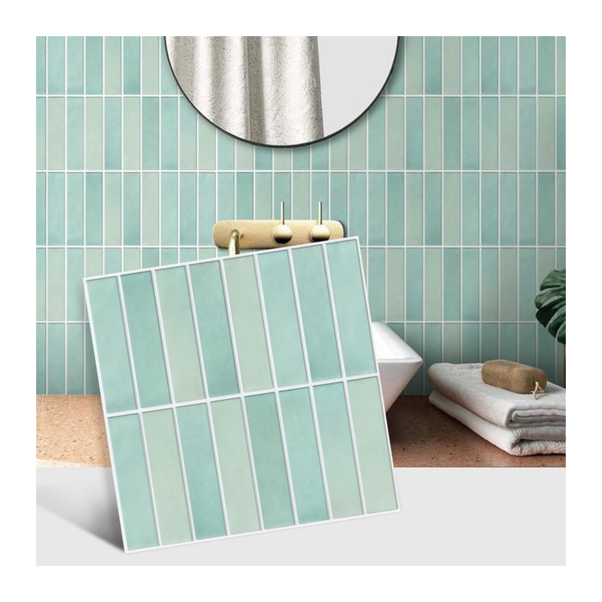 COMMOMY 3D-Fliesenaufkleber in Grün und Blau, selbstklebende Fliesenrückwand für Küche und Badezimmer, wasser- und schimmelresistent, matt, quadratisch, B/B: 30 x 30 cm - Bild 1