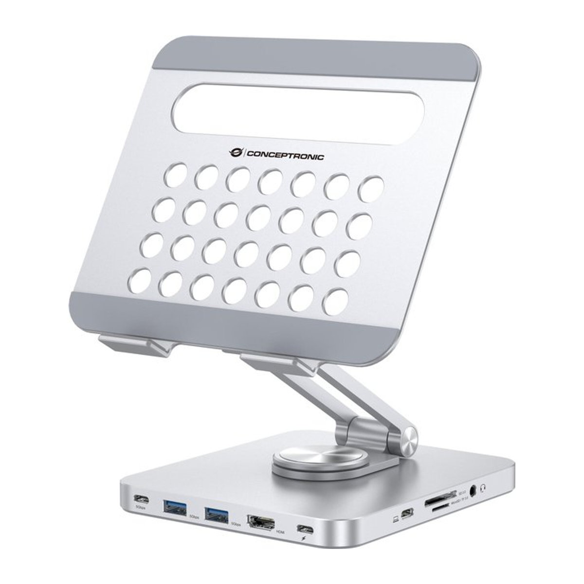 Conceptronic DONN26G Tablet-Ständer mit 8-in-1-Dockingstation in Silber, 360 Grad drehbar, faltbar und höhenverstellbar - Bild 1