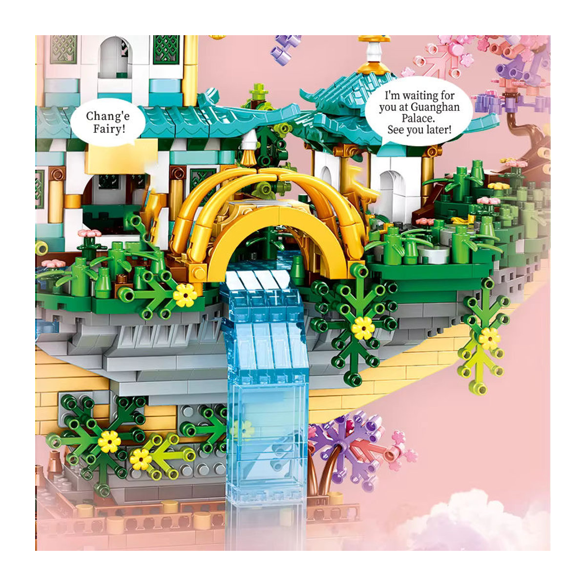 CONUSEA DIY Mini Architektur Bausteine Pfirsich Haus Pavillon mit LED Licht und Wasserfall Fluss, Rosa und Mehrfarbig, Dekoration für Kinder und Zimmer - Bild 3