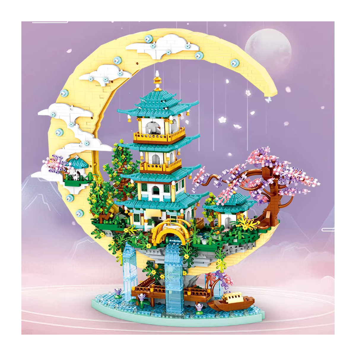 CONUSEA DIY Mini Architektur Bausteine Pfirsich Haus Pavillon mit LED Licht und Wasserfall Fluss, Rosa und Mehrfarbig, Dekoration für Kinder und Zimmer - Bild 4