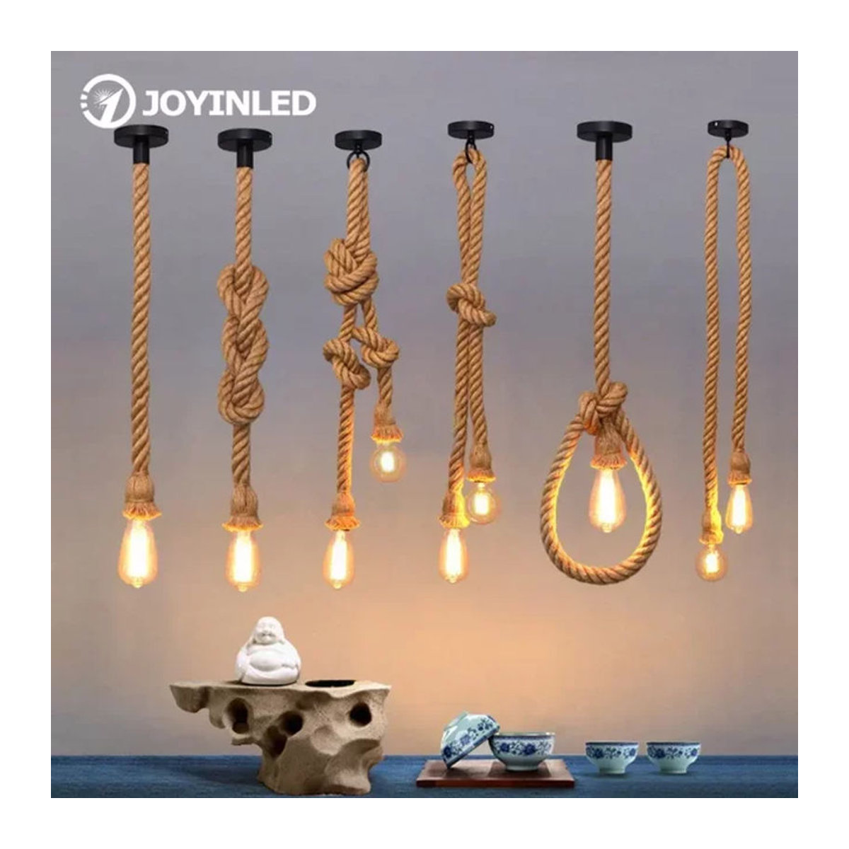 COOINJOY Vintage Pendelleuchte aus Hanfseil im Industrial Design mit E27 Fassung, Braun - Bild 1