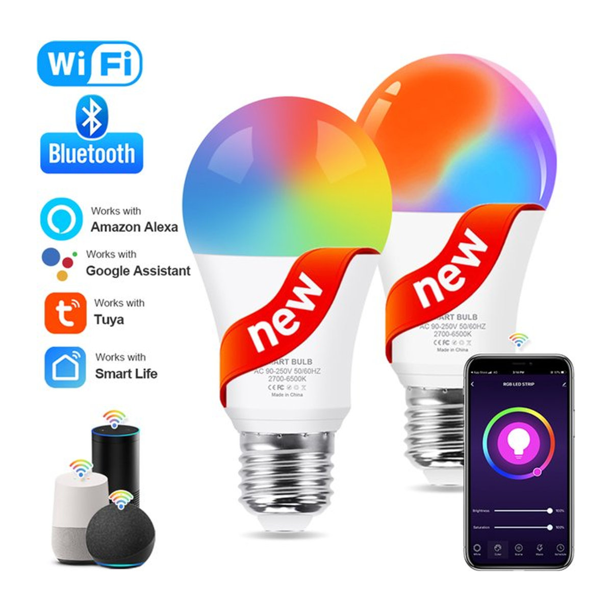Coolo Smart-Lampe E27 LED mit 15W RGB + CW + WW, dimmbar via Tuya App, Bluetooth 4.0 und WiFi, bunt - Bild 1