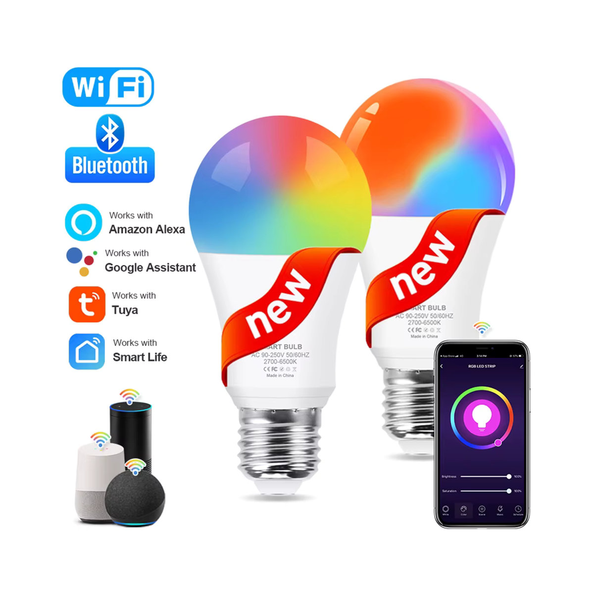 Coolo Smart-Lampe E27 LED mit 15W RGB + CW + WW, dimmbar via Tuya App, Bluetooth 4.0 und WiFi, bunt - Bild 5