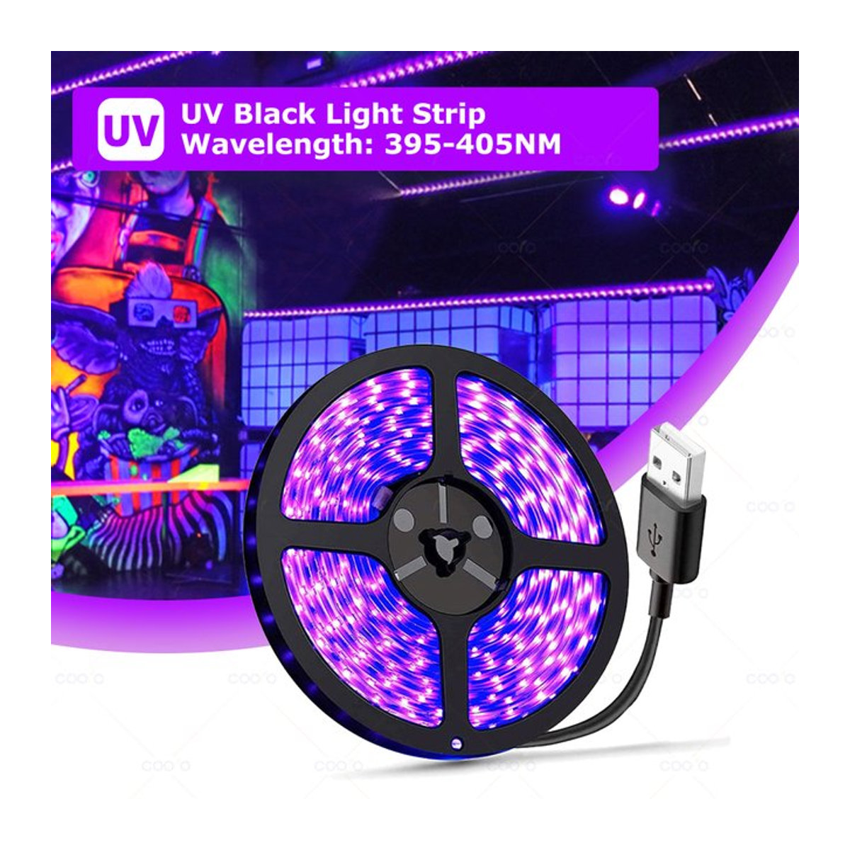 Coolo UV-LED-Lichtleiste flexibles LED-Lichtband 395–405 nm Schwarzlicht SMD 2835 DC5V für Glow-Partys - Bild 1