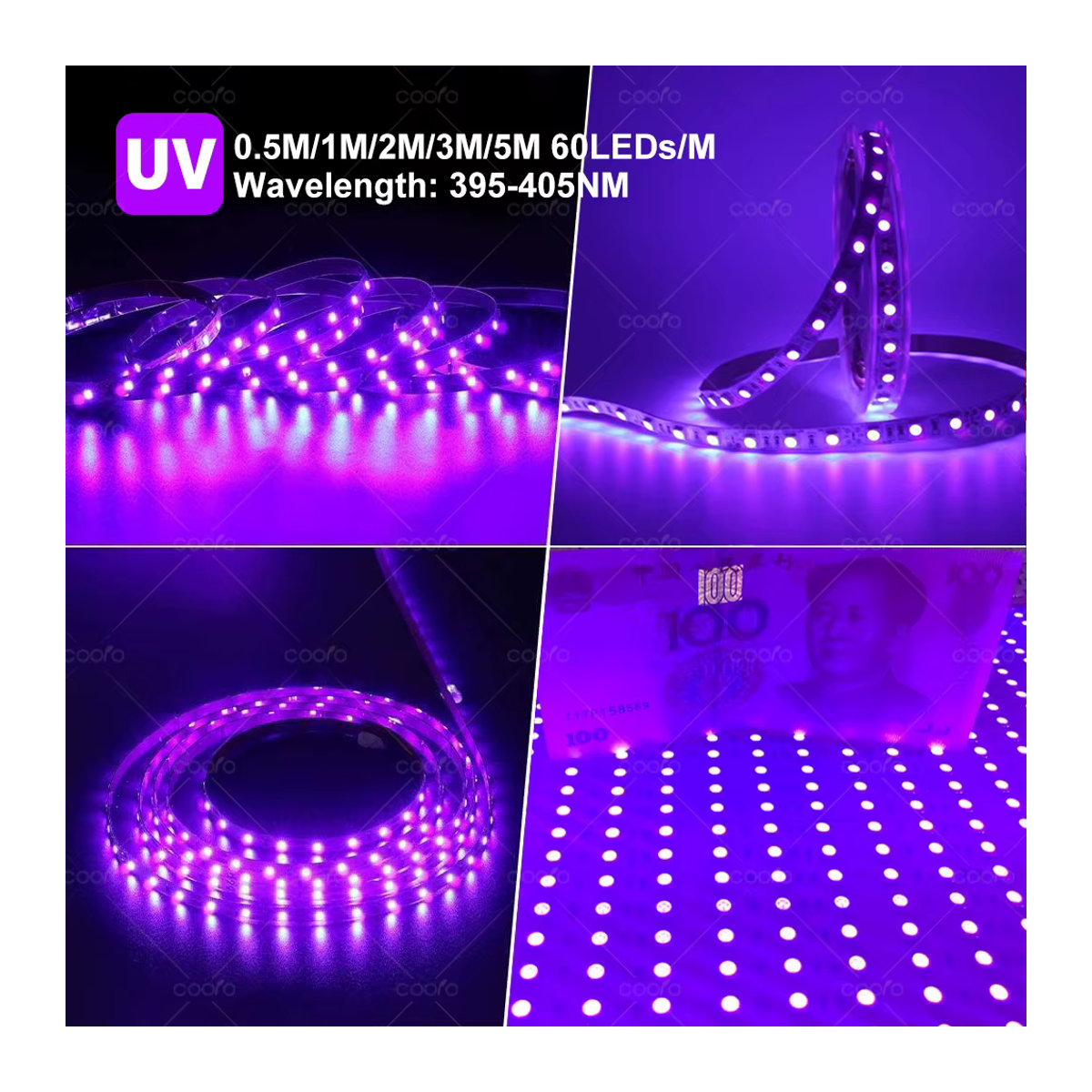 Coolo UV-LED-Lichtleiste flexibles LED-Lichtband 395–405 nm Schwarzlicht SMD 2835 DC5V für Glow-Partys - Bild 3