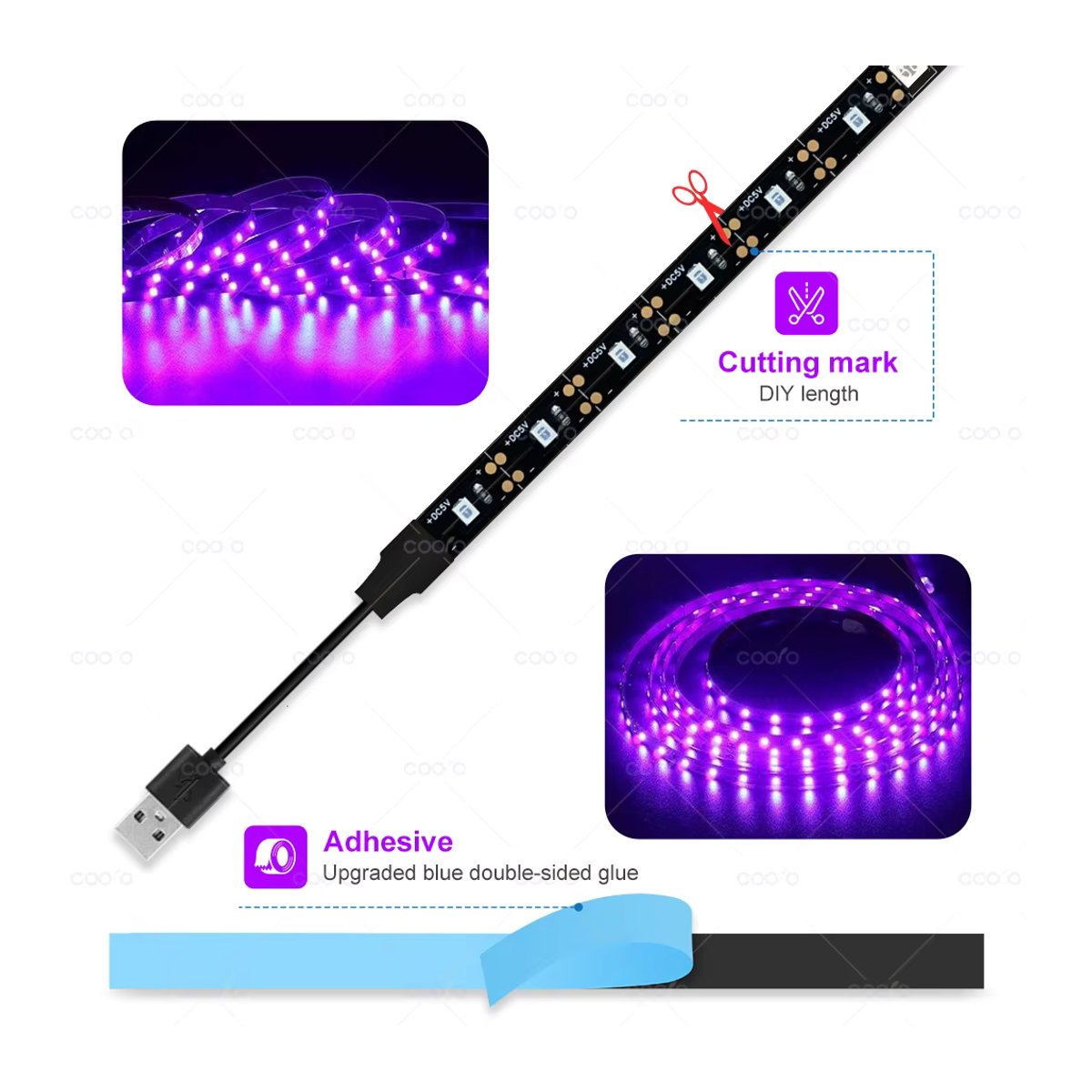 Coolo UV-LED-Lichtleiste flexibles LED-Lichtband 395–405 nm Schwarzlicht SMD 2835 DC5V für Glow-Partys - Bild 5