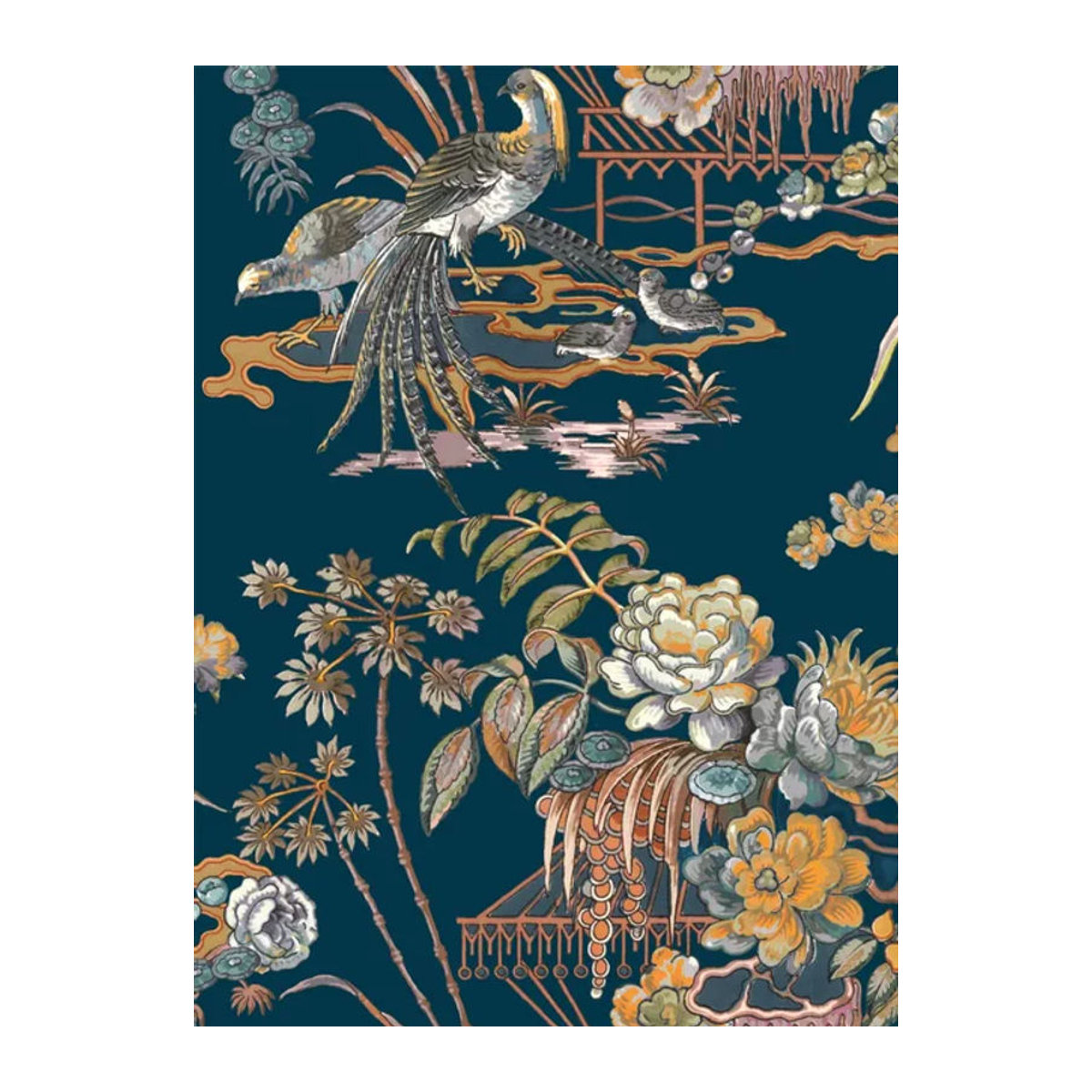 Coordonne Wallpaper Sacred Pheasants in Blau mit Tierprint und floralem Design aus Vlies und Papier - Bild 1