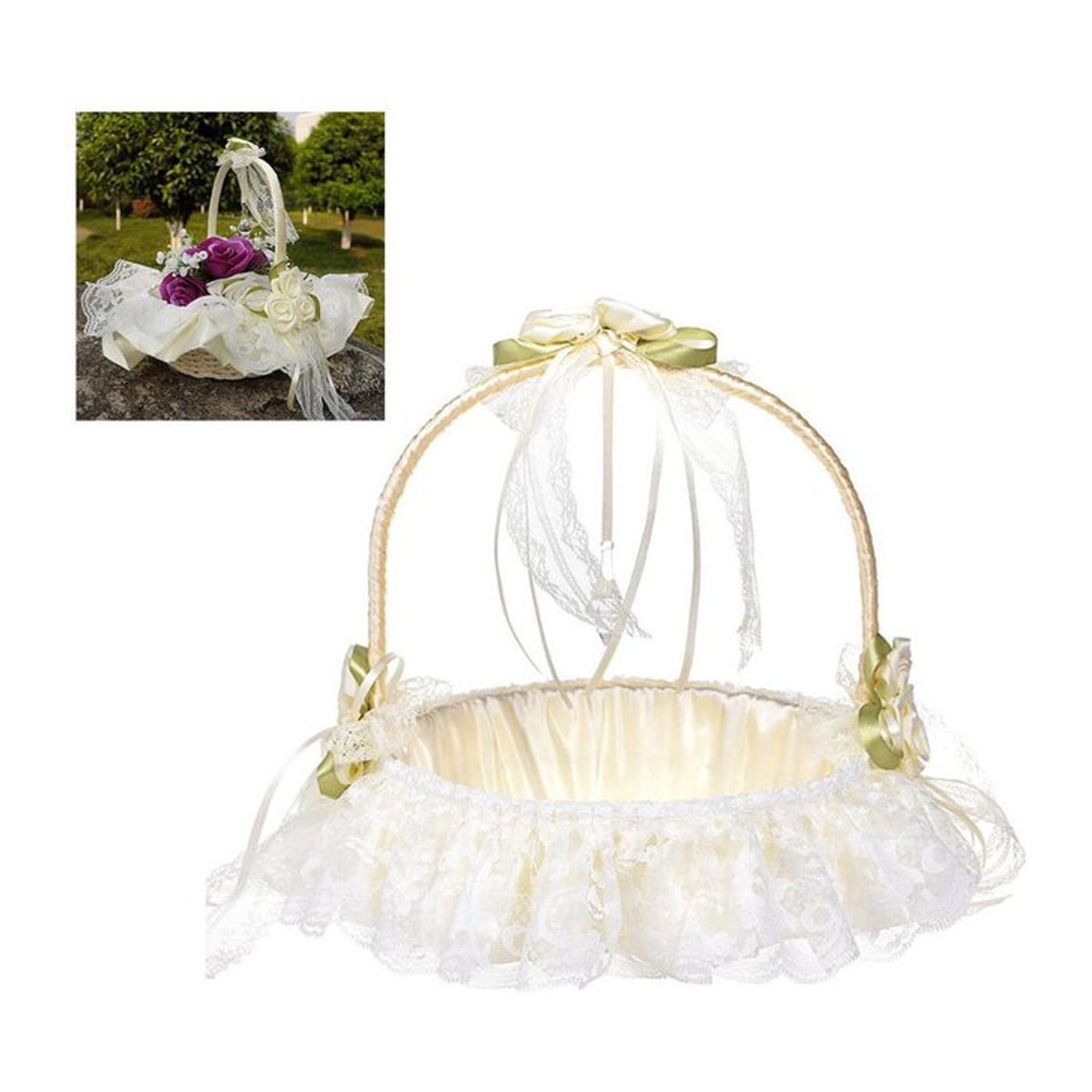 CosyHome Handgewebter Hochzeitskorb mit Spitze in Weiß für Blumenmädchen im Vintage-Stil - Bild 1