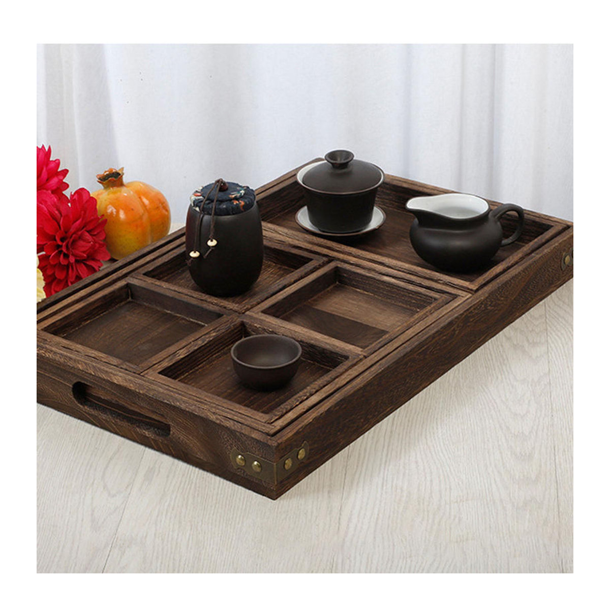 CosyHome Holz-Teetablett in Braun im Vintage-Design, rechteckig - Bild 1
