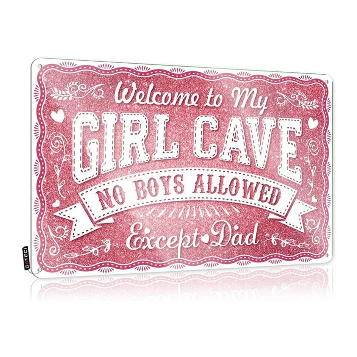 Coteci Mädchen Höhlen-Schild Keine Jungen zulassen Dekoration aus Metall in Rosa mit Herz-Motiv für das Teenager-Zimmer, Rechteckig, B: 20 cm, H: 14 cm, T: 14 cm - Bild 1