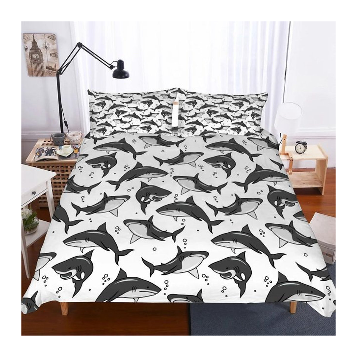 Creative Homewares Bettwäsche-Set Hai Ozean 3D-Druck in Schwarz und Weiß, Euro-Größe Single, B: 135 cm, L: 200 cm, 3-teilig - Bild 1