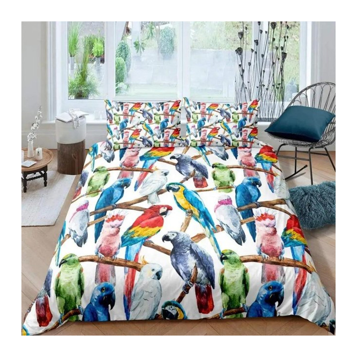Creative homewares Bettwäsche-Set mit Papagei und Palmblättern, schwarz-weiß gestreift, Multicolor, B/H: 135 x 200 cm - Bild 1