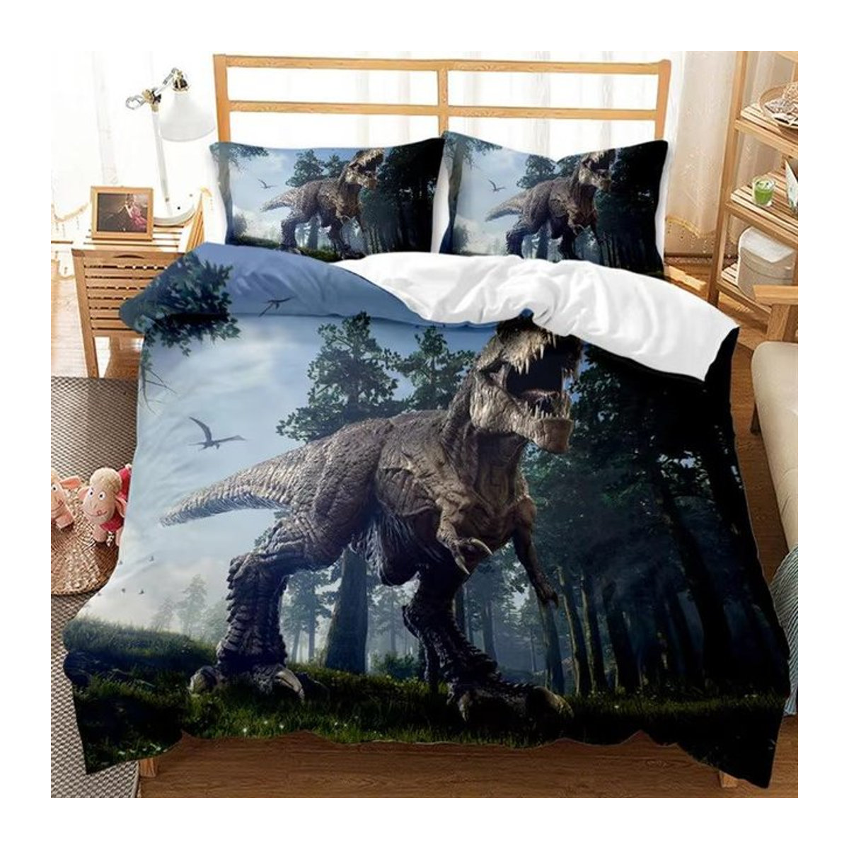 Creative Homewares Kinder Dinosaurier Bettwäsche Set mit 3-teiligem Deckenbezug und Kissenbezügen im 3D Cartoon Dschungel Design, B/H: 135 x 200 cm - Bild 1