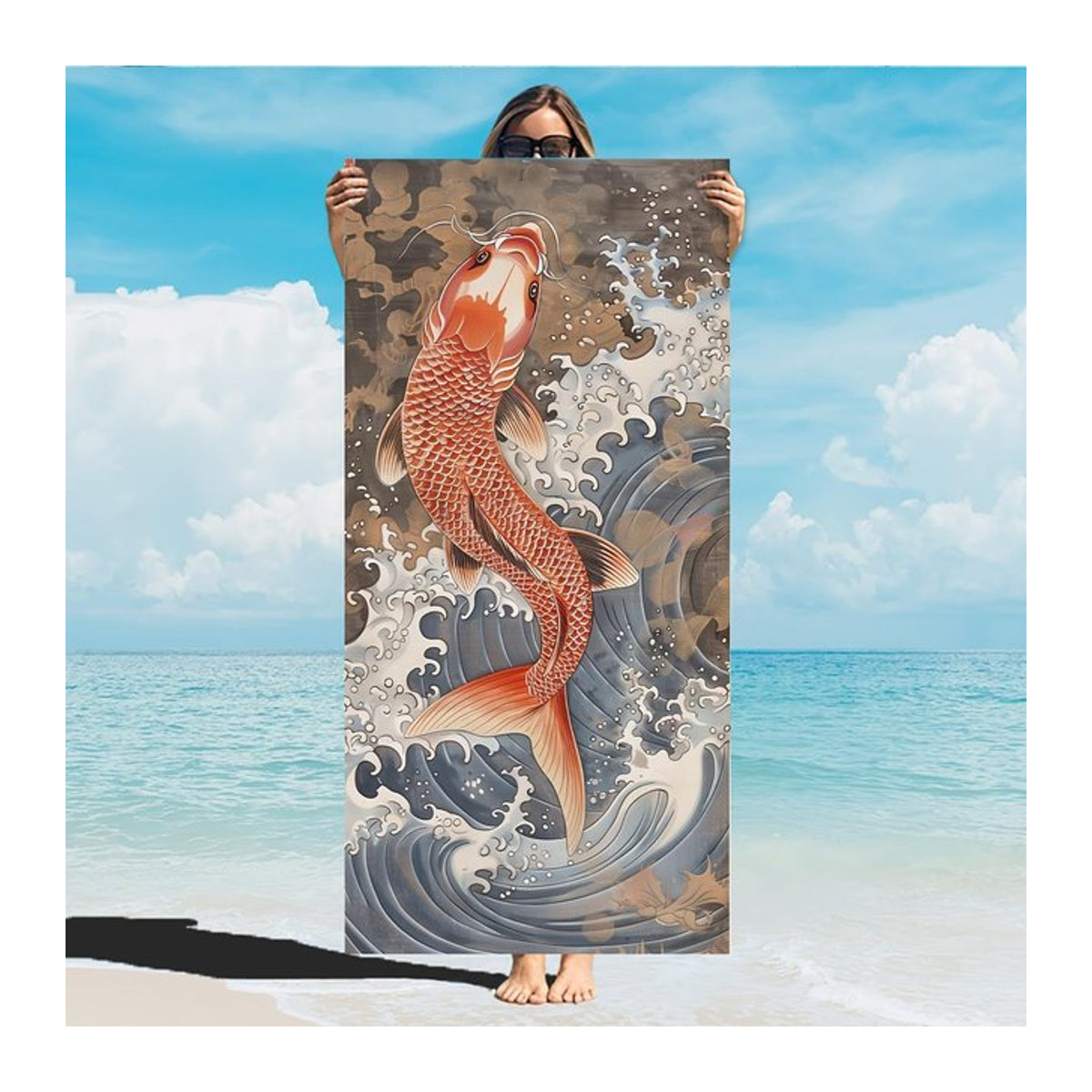 Creative Man Strandtuch mit Japanischem Koi-Fisch Motiv im Ukiyo-e Wellen-Design, Breite: 30 cm, Höhe: 60 cm - Bild 1