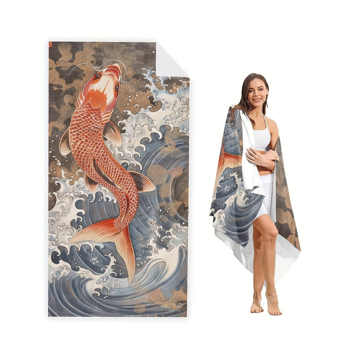 Creative Man Strandtuch mit Japanischem Koi-Fisch Motiv im Ukiyo-e Wellen-Design, Breite: 30 cm, Höhe: 60 cm - Bild 2