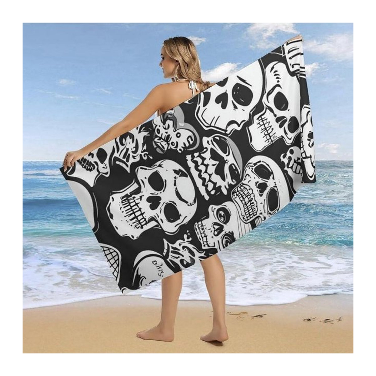 Creative Man Strandtuch mit Totenköpfen in Schwarz-Weiß, schnelltrocknend und sanddicht, Breite: 30 cm, Höhe: 60 cm - Bild 1