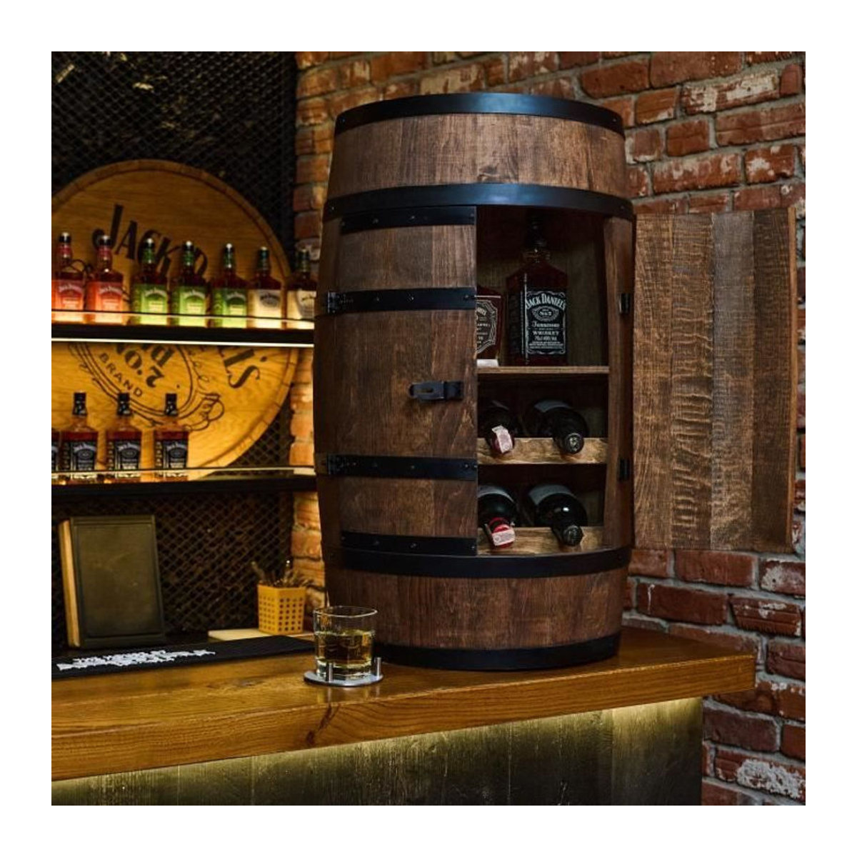 CreativeCooper Weinregal Holzfass in Wenge mit Drehtüren und Regalfächern, B/H: 80 x 50 cm - Bild 3