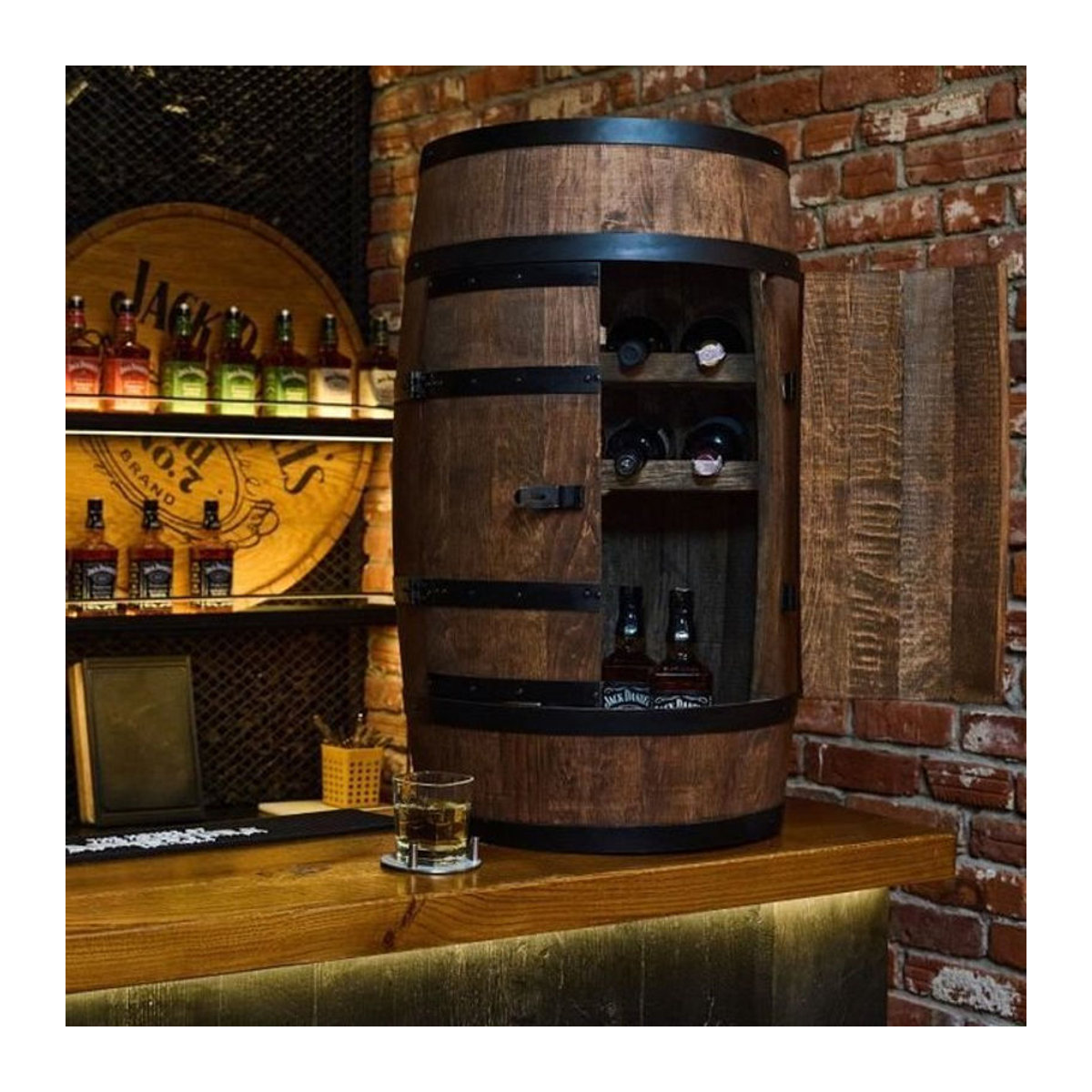 CreativeCooper Weinregal in Holzfass-Optik aus Holz und Metall, Braun, B: 80 cm, T: 50 cm, mit Drehtüren im Retro-Landhaus-Stil - Bild 1