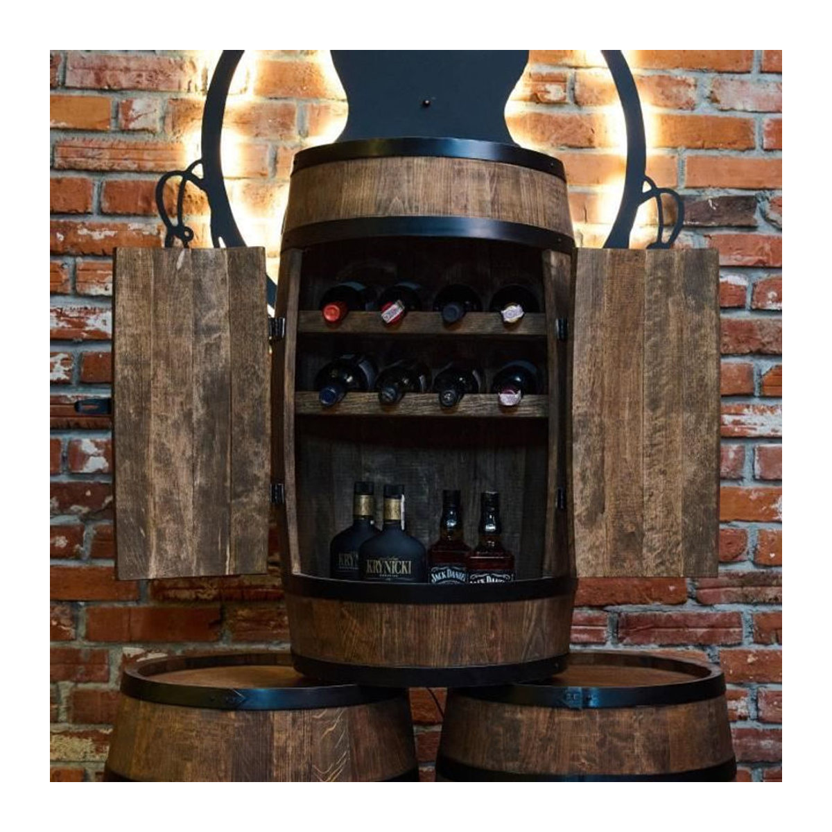 CreativeCooper Weinregal in Holzfass-Optik aus Holz und Metall, Braun, B: 80 cm, T: 50 cm, mit Drehtüren im Retro-Landhaus-Stil - Bild 4