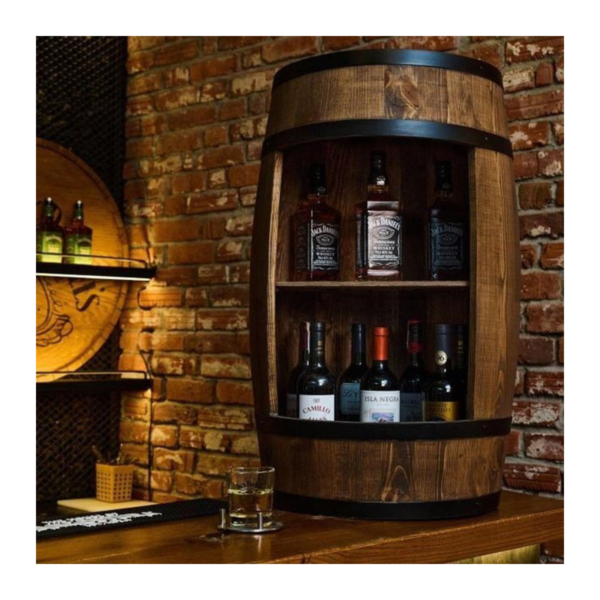 CreativeCooper Weinregal Tonne aus Holz und Metall im Industrial Design, Braun, B: 80 cm, T: 50 cm - Bild 1