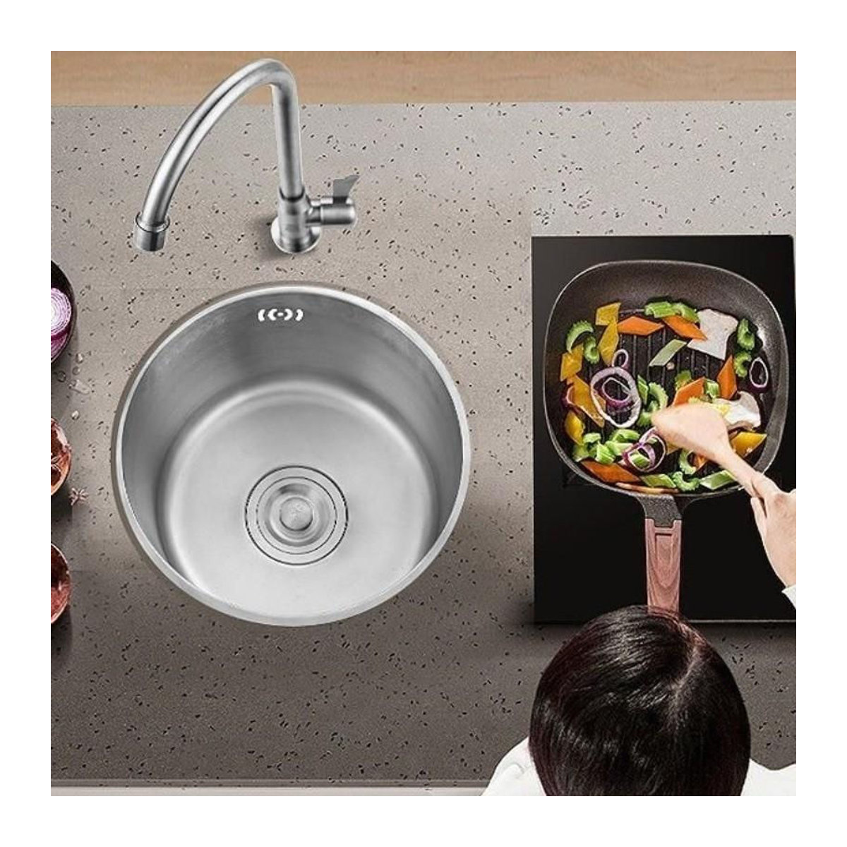 Crown Global Küchenspüle aus 304 Edelstahl in Silber, rundes Unterbaubecken mit Nano-Beschichtung, Durchmesser: 40 cm - Bild 7
