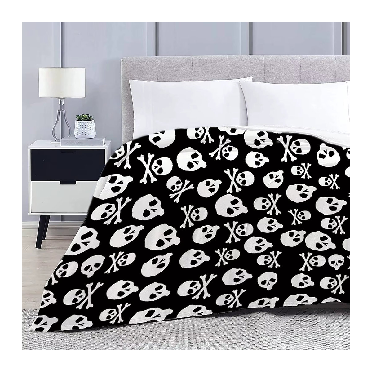 Cryfox Halloween Decke mit Schädel- und Knochenmuster aus Fleece in Schwarz - Bild 3