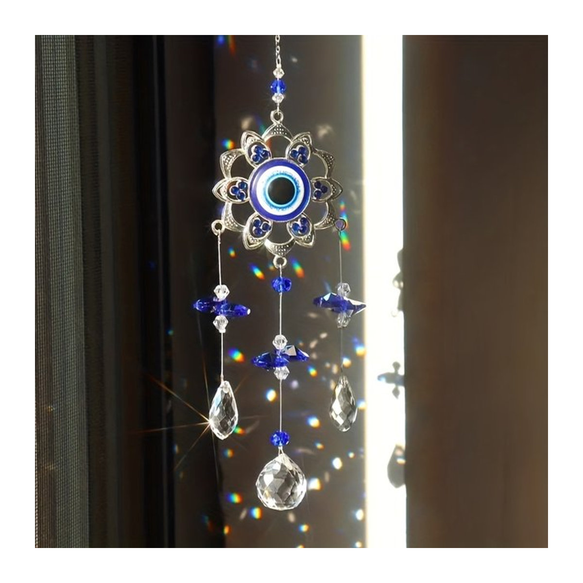 Crystal Blue Evil Eye Sonnenfänger als hängendes Dekoelement in unregelmäßiger Form mit Haken - Bild 1
