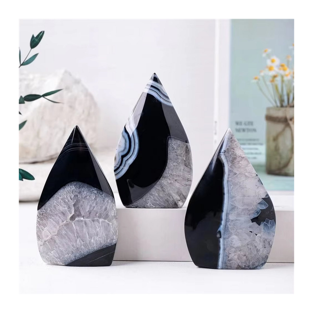 CrystalHola Schwarzer Achat Flammenform Steinschnitzerei als Kunsthandwerk zur Heimdekoration in Schwarz - Bild 4