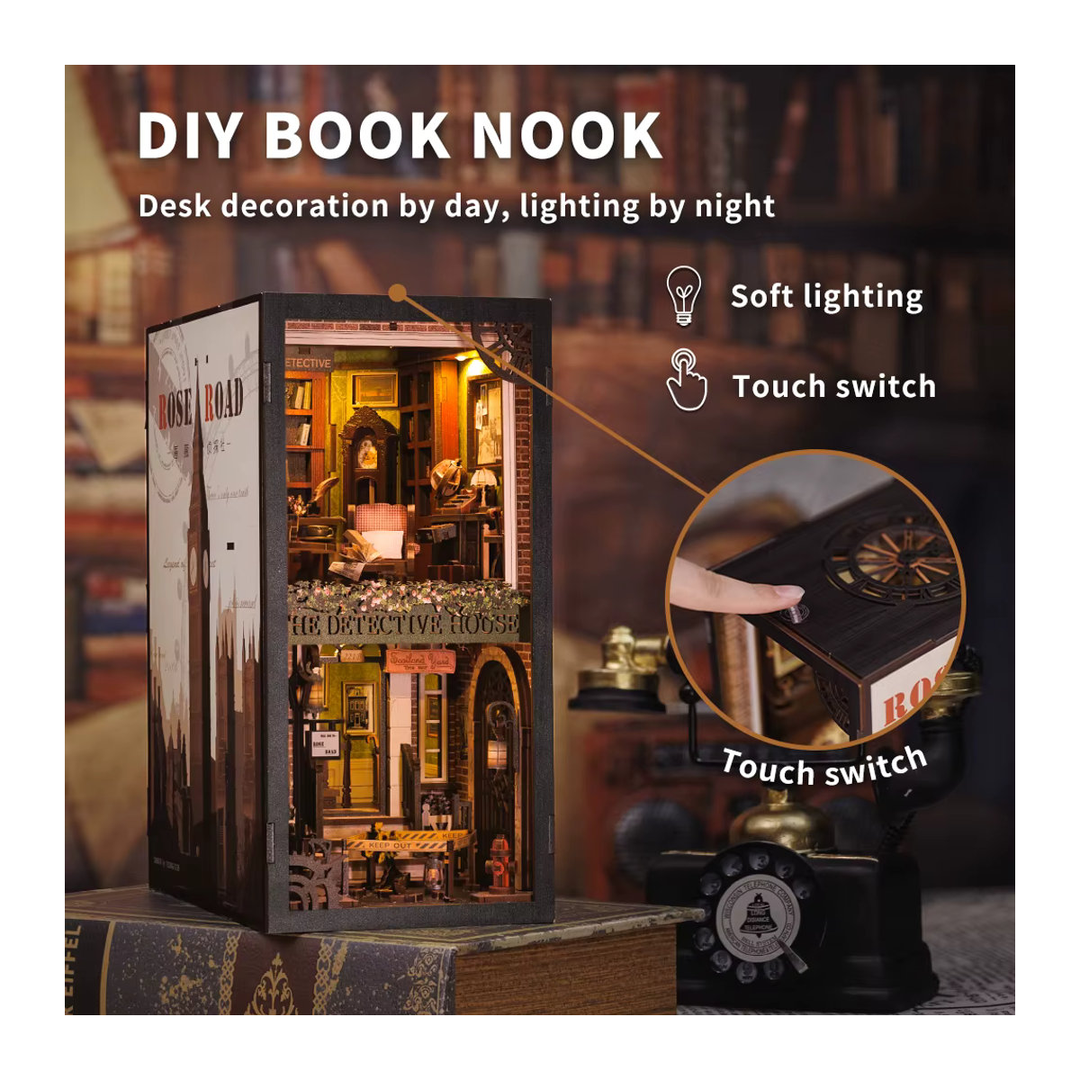 CUTEBEE Book Nook 3D-Puzzle Rose Detective Agency Miniatur-Puppenhaus-Set mit Touch-Licht und Staubschutz in - Bild 2
