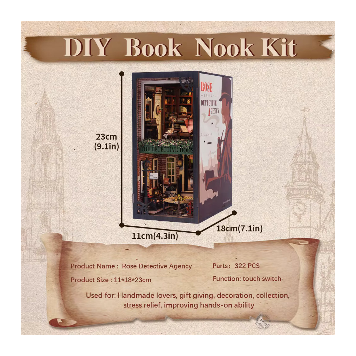 CUTEBEE Book Nook 3D-Puzzle Rose Detective Agency Miniatur-Puppenhaus-Set mit Touch-Licht und Staubschutz in - Bild 5