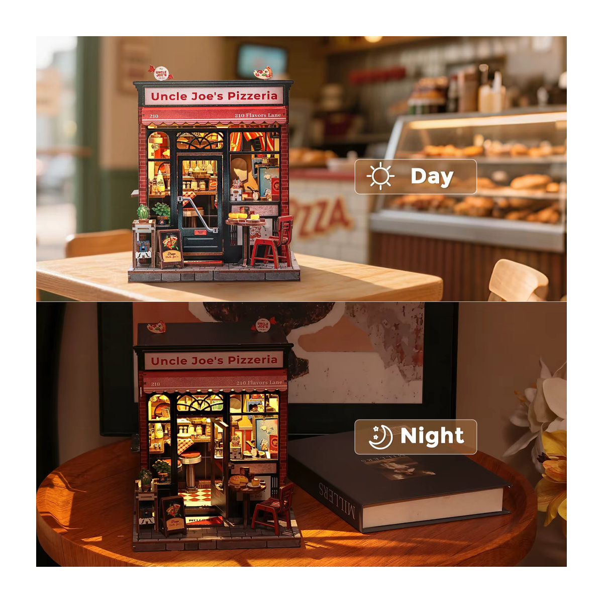 CUTEBEE Book Nook Kit DIY Puppenhaus Onkel Joe's Pizzeria Miniaturmodell mit LED-Licht aus Holz in Mehrfarbig - Bild 3