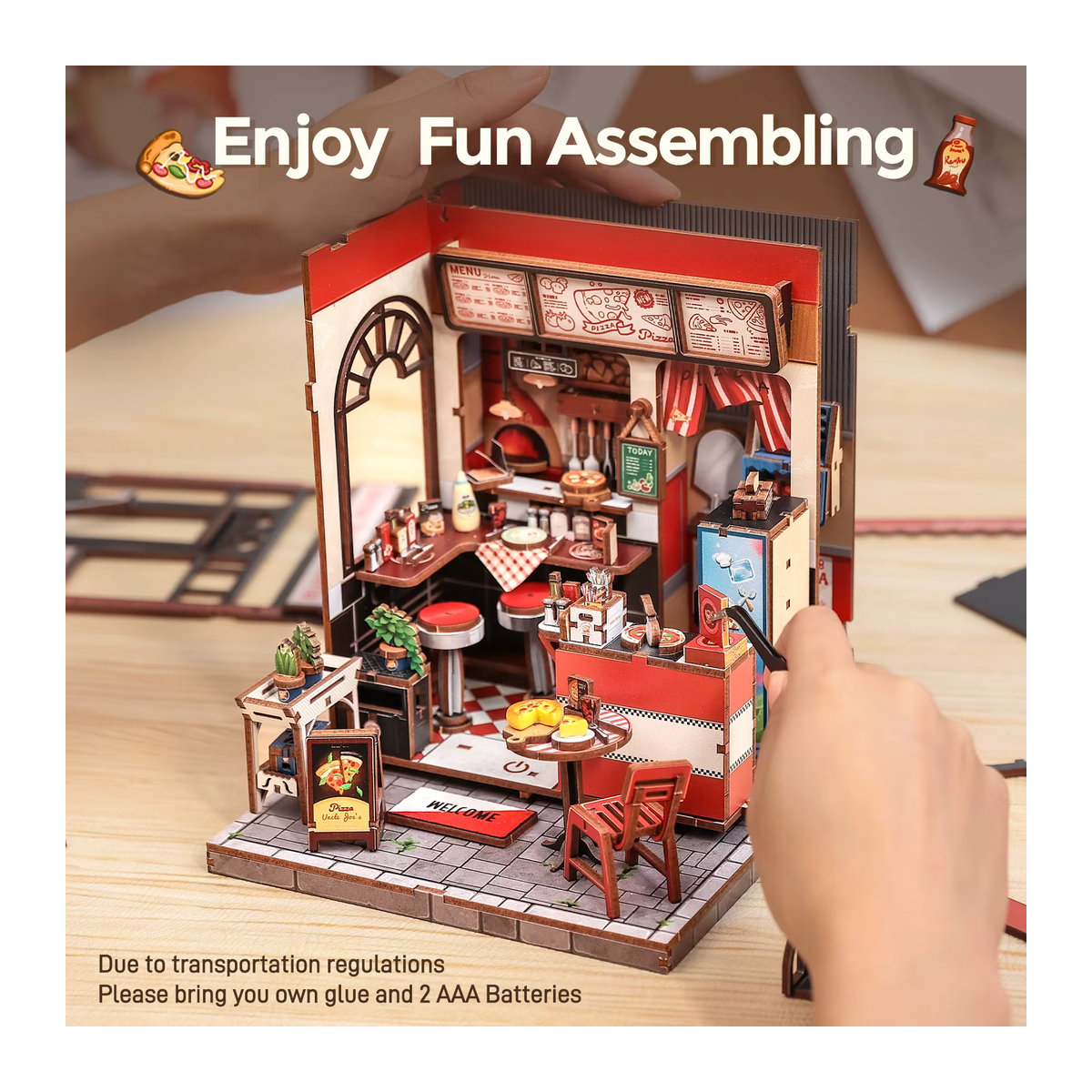 CUTEBEE Book Nook Kit DIY Puppenhaus Onkel Joe's Pizzeria Miniaturmodell mit LED-Licht aus Holz in Mehrfarbig - Bild 4