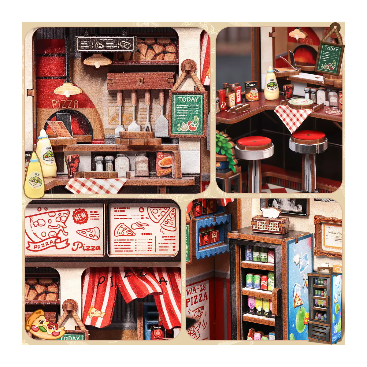 CUTEBEE Book Nook Kit DIY Puppenhaus Onkel Joe's Pizzeria Miniaturmodell mit LED-Licht aus Holz in Mehrfarbig - Bild 6