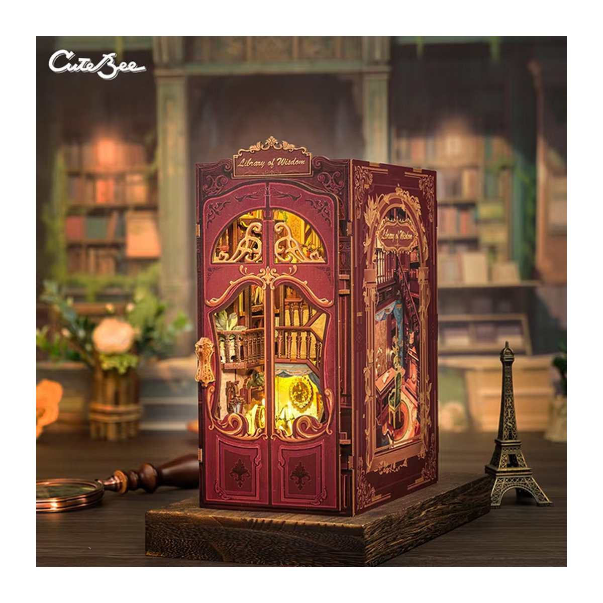 CUTEBEE DIY Book Nook Kit Bibliothek der Weisheit Miniatur-Puppenhaus aus Holz in Rot mit Staubschutz für Erwachsene - Bild 1