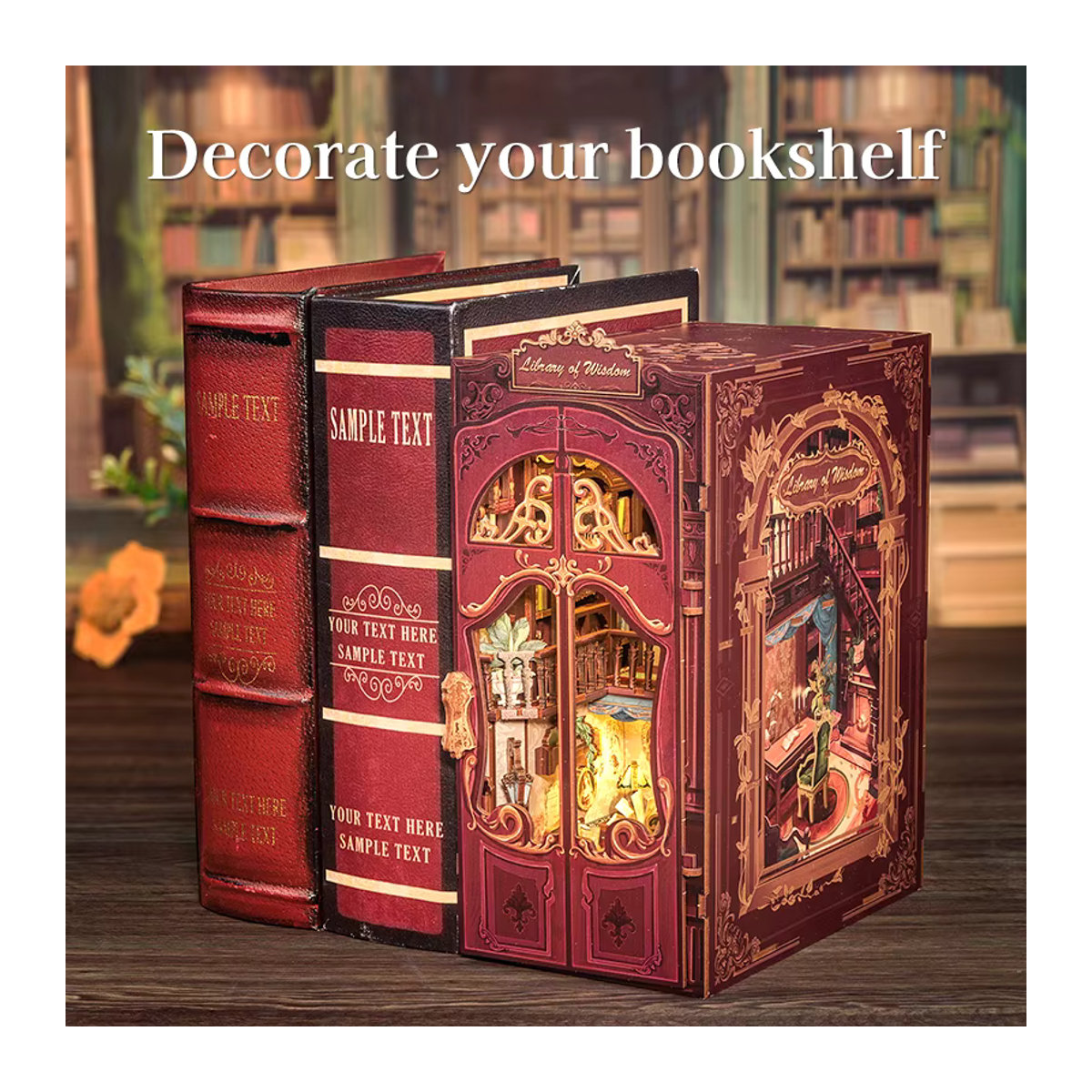CUTEBEE DIY Book Nook Kit Bibliothek der Weisheit Miniatur-Puppenhaus aus Holz in Rot mit Staubschutz für Erwachsene - Bild 2