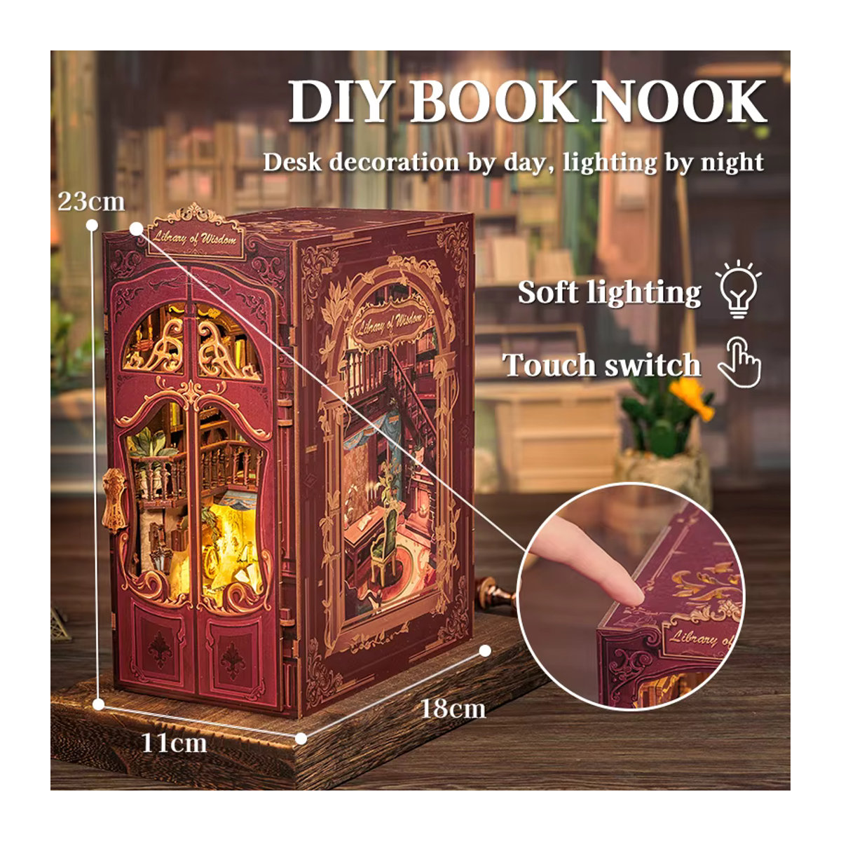 CUTEBEE DIY Book Nook Kit Bibliothek der Weisheit Miniatur-Puppenhaus aus Holz in Rot mit Staubschutz für Erwachsene - Bild 3