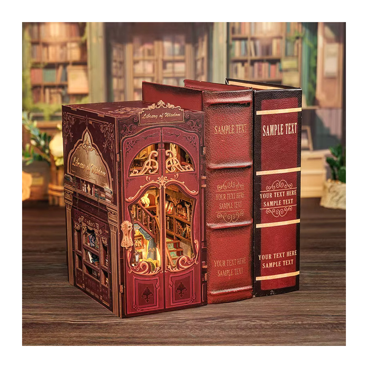CUTEBEE DIY Book Nook Kit Bibliothek der Weisheit Miniatur-Puppenhaus aus Holz in Rot mit Staubschutz für Erwachsene - Bild 4