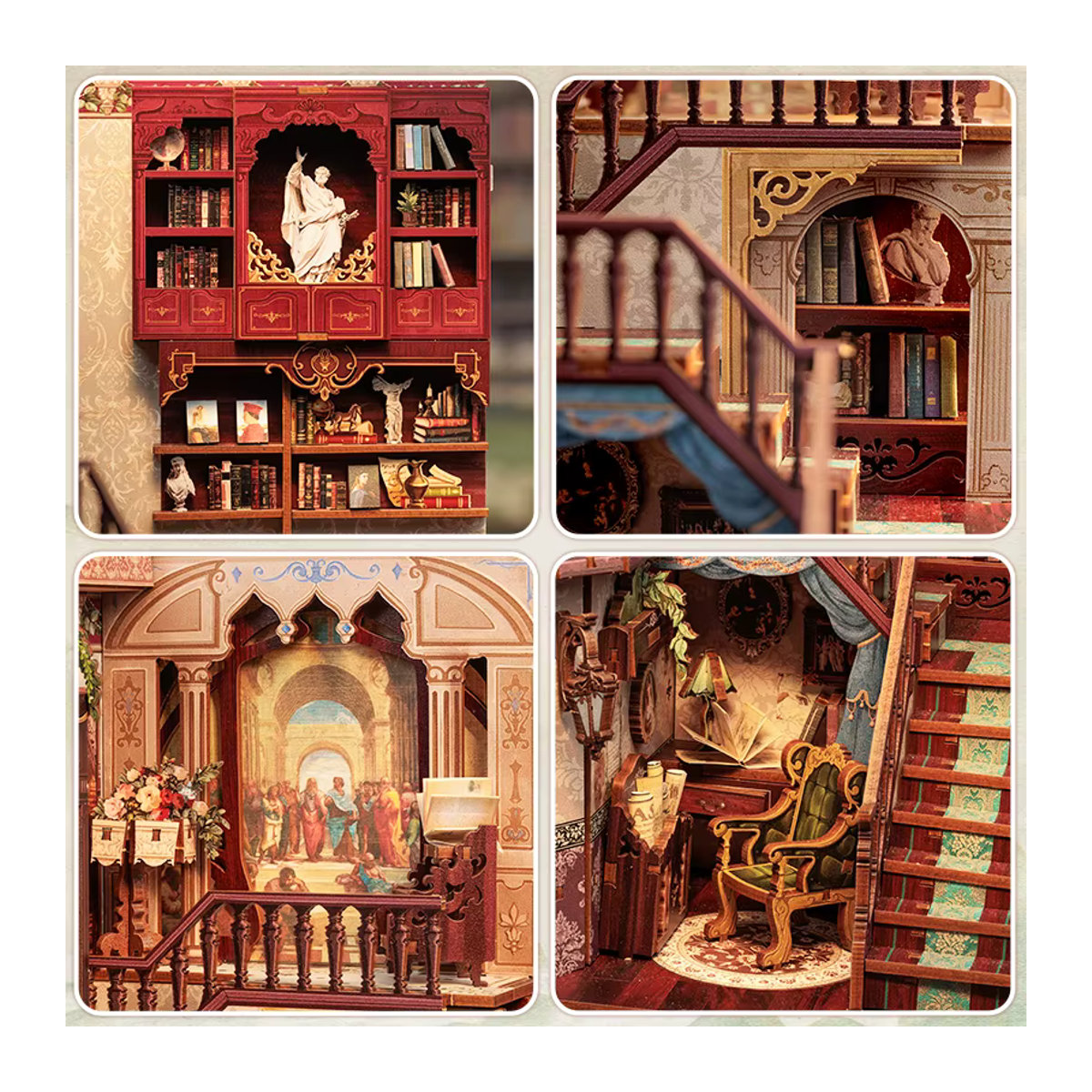 CUTEBEE DIY Book Nook Kit Bibliothek der Weisheit Miniatur-Puppenhaus aus Holz in Rot mit Staubschutz für Erwachsene - Bild 5