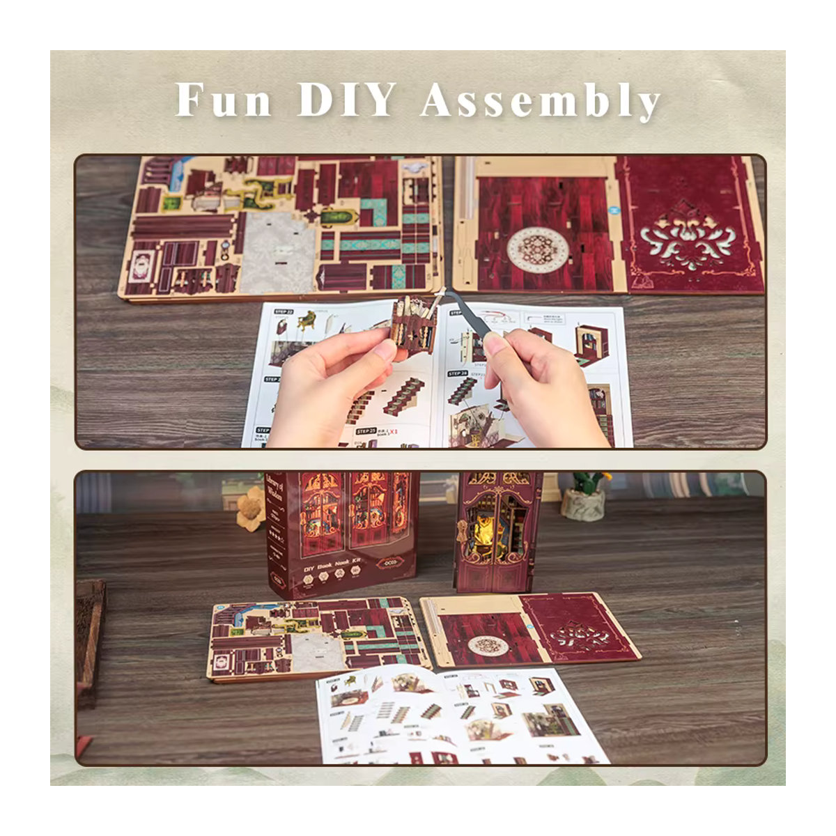 CUTEBEE DIY Book Nook Kit Bibliothek der Weisheit Miniatur-Puppenhaus aus Holz in Rot mit Staubschutz für Erwachsene - Bild 6