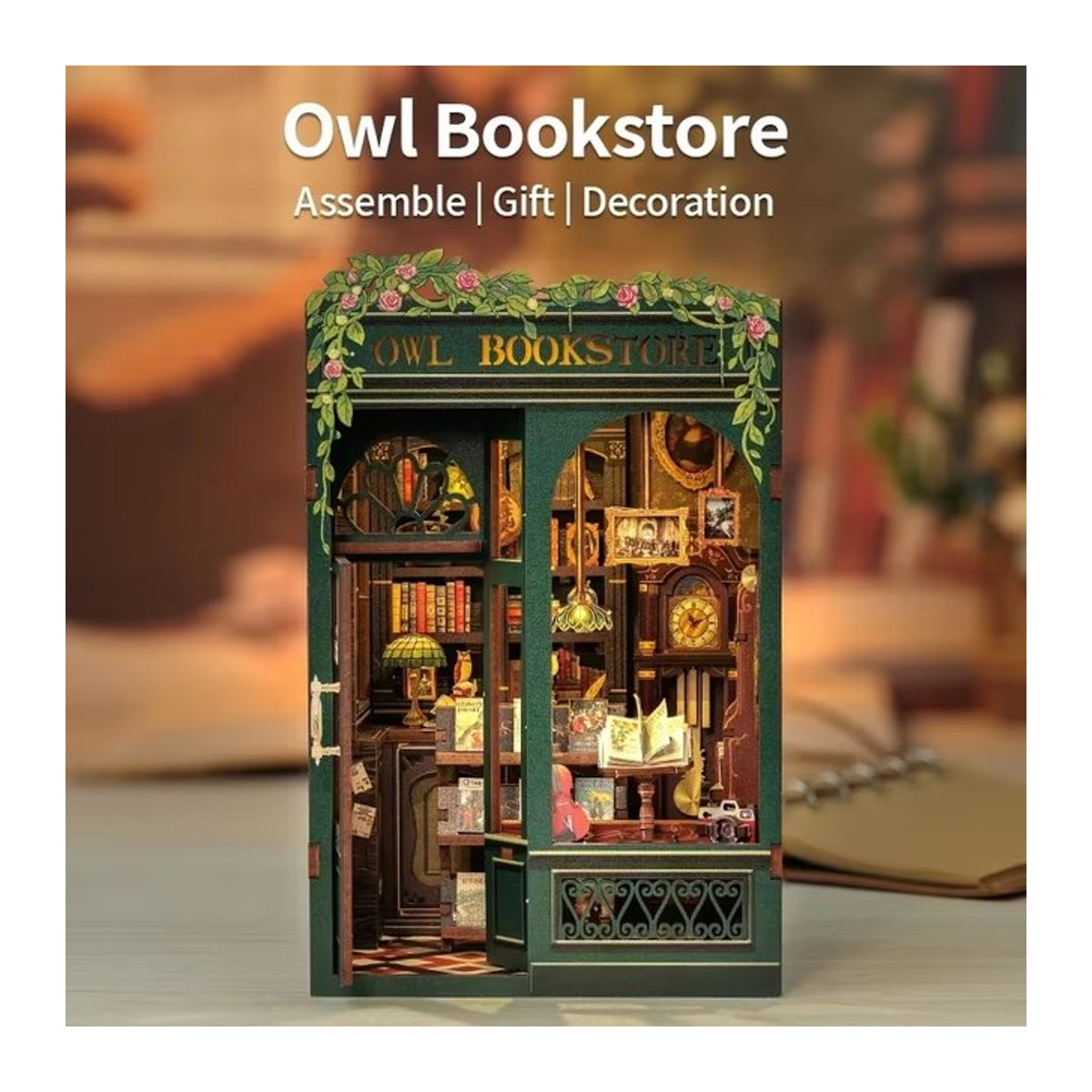 CUTEBEE DIY Book Nook Kit Eulen-Buchhandlung aus Holz mit Lichtern, Mehrfarbiges 3D-Puzzle Miniatur-Puppenhaus als Vintage Bücherregaleinsatz - Bild 1