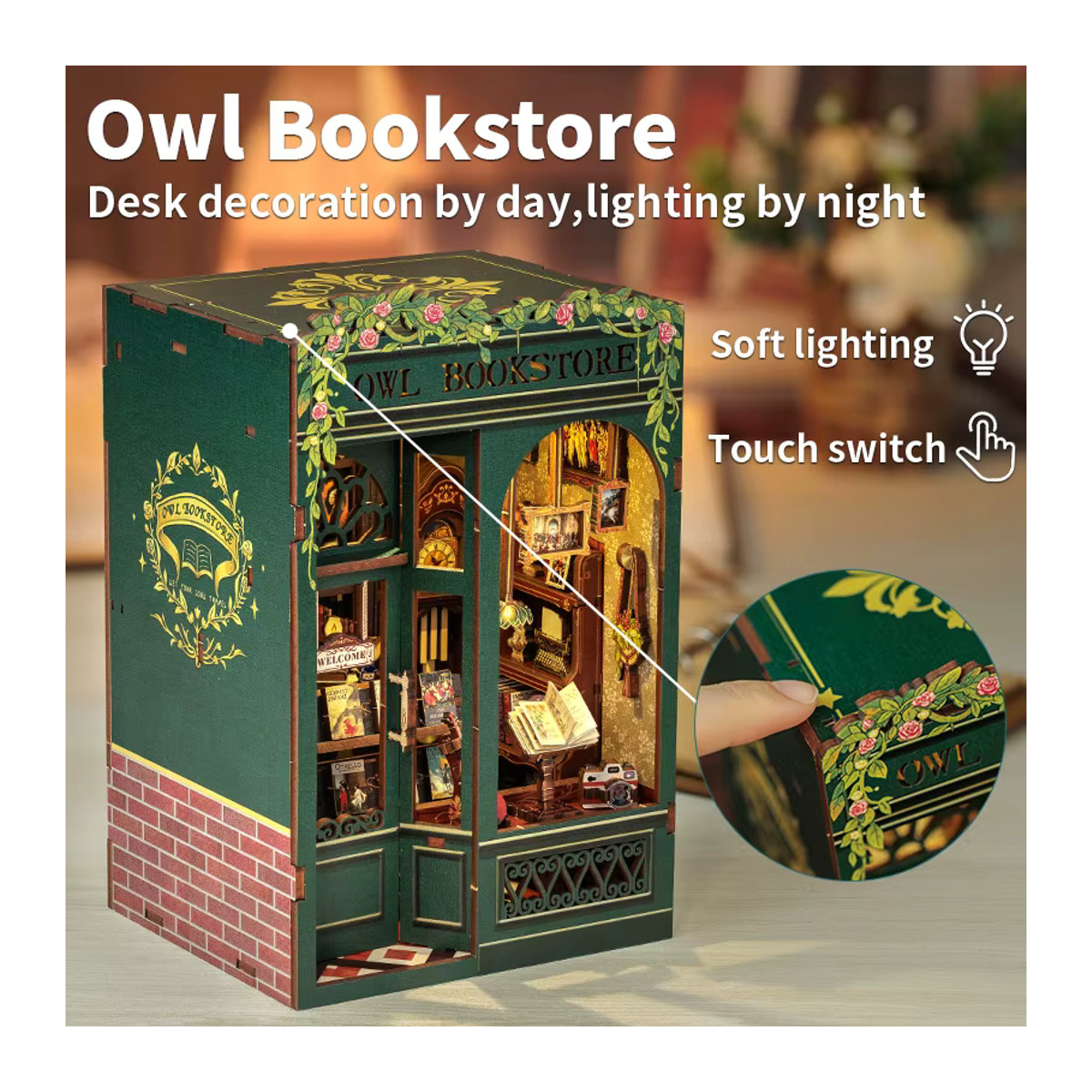 CUTEBEE DIY Book Nook Kit Eulen-Buchhandlung aus Holz mit Lichtern, Mehrfarbiges 3D-Puzzle Miniatur-Puppenhaus als Vintage Bücherregaleinsatz - Bild 2
